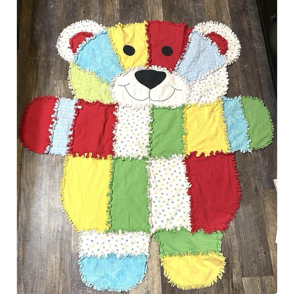 Handmade Bear Colorful Rag Quilt Scrappy Blanket Crib Toddler Floor Mat Baby - Picture 1 of 4